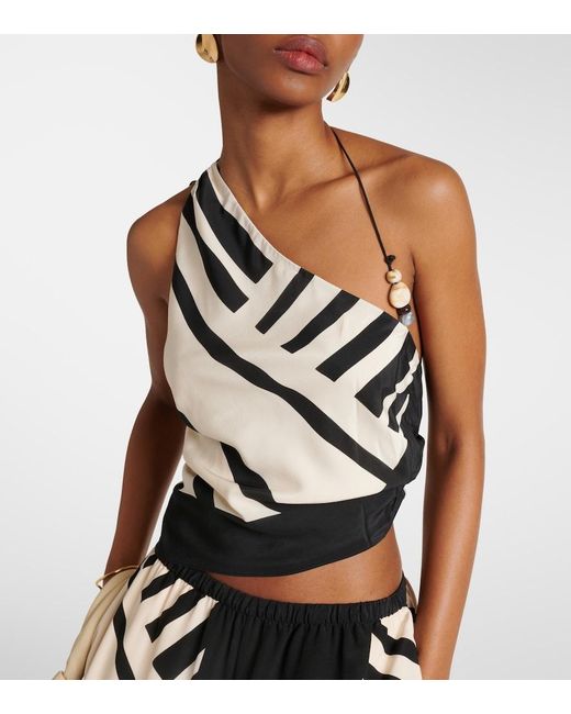 Sir Black Arte Printed One-Shoulder Silk Satin Crop Top