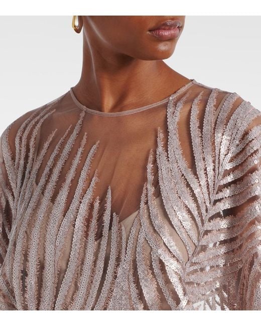 Elie Saab Natural Embroidered Sheer Tulle Gown