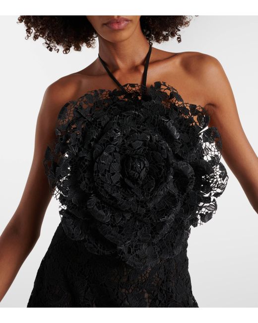 Oscar de la Renta Black Floral-applique Lace Minidress