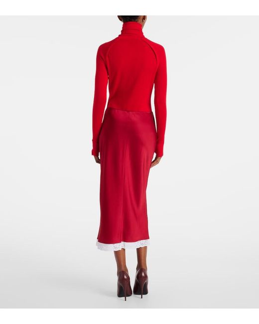 Victoria Beckham Red Lace-Trimmed Satin Midi Skirt