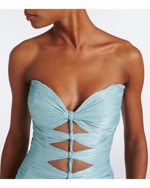 Costarellos Blue Ruched Lurex Georgette Gown
