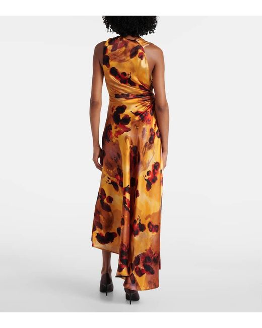 Victoria Beckham Orange Gathered Lace-Trimmed Silk Satin Gown
