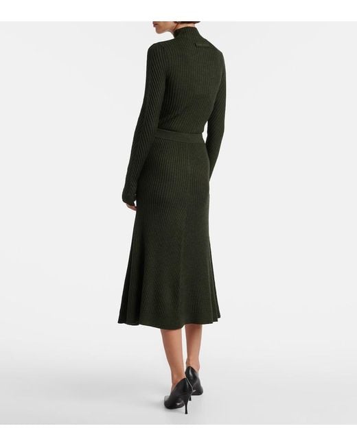 Victoria Beckham Green Ribbed-Knit Wool Midi Skirt