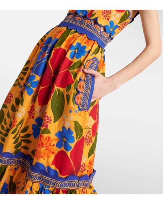 Farm Rio Orange Floral Yard Linen-blend Midi Dress