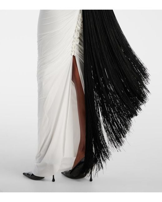 Jean Paul Gaultier White Fringed Ruched Jersey Maxi Dress
