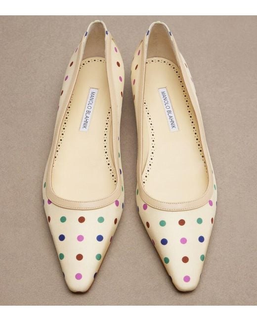 Manolo Blahnik Natural Filotas Leather-Trimmed Polka-Dot Ballet Flats