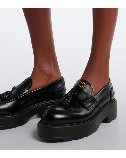 Miu Miu Black Leather Platform Loafers
