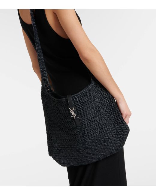 Saint Laurent Black Le 5 A 7 Medium Raffia Shoulder Bag
