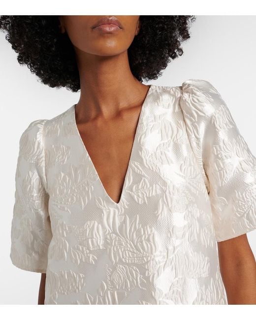 Ganni White Floral Satin Cloque Minidress