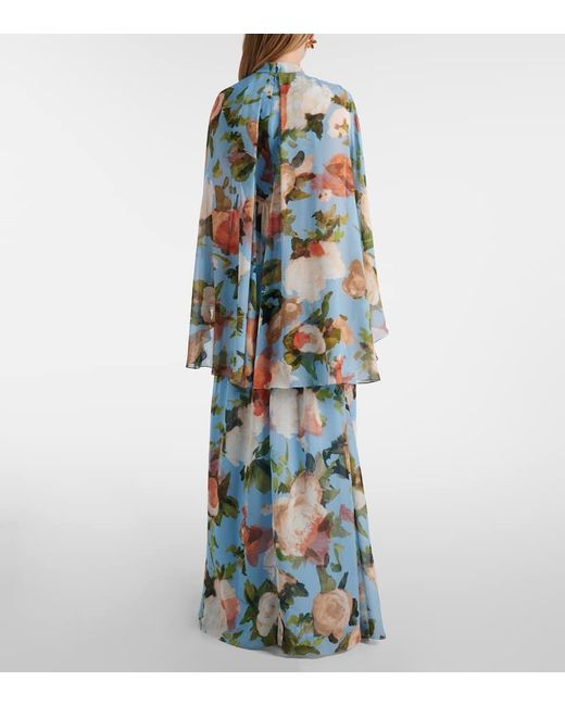 Erdem Blue Caped Floral Silk Voile Gown