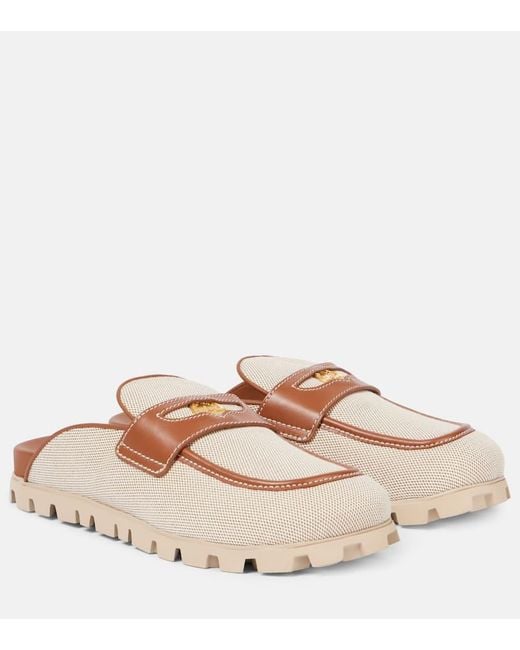 Miu Miu Leather-Trimmed Canvas Mules in Natural | Lyst