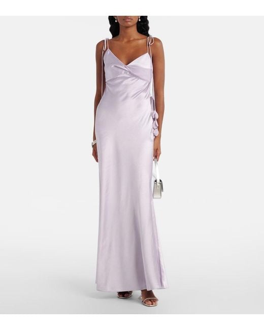 Self-Portrait White Floral-Applique Satin Maxi Dress