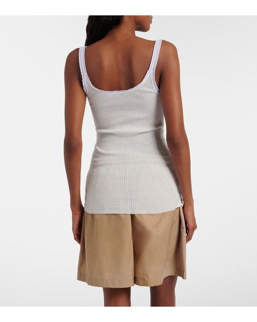 Prada White Lace-Trimmed Ribbed-Knit Cotton Tank Top