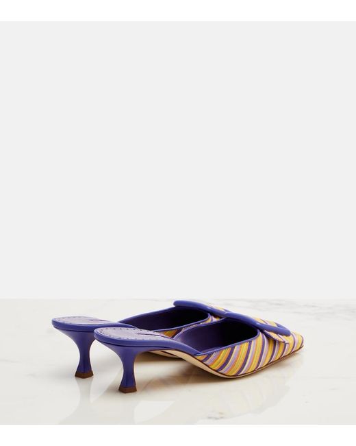 Manolo Blahnik Blue Maysalebi Striped Leather-Trimmed Mules