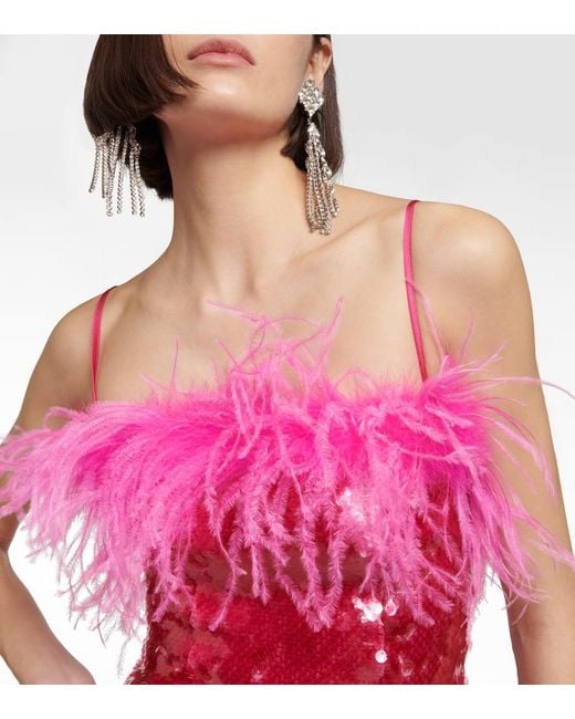 GIUSEPPE DI MORABITO Red Sequined Feather-Trimmed Gown