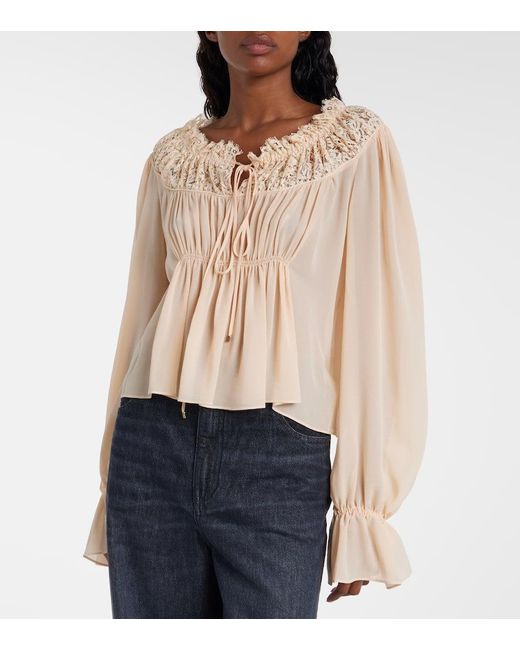 Chloé Natural Shirred Cropped Lace-Trimmed Silk Blouse