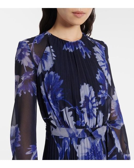 Erdem Blue Floral Pleated Voile Gown