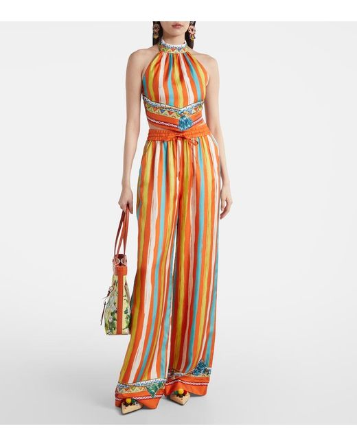 Dolce & Gabbana Orange Striped Halterneck Silk Top