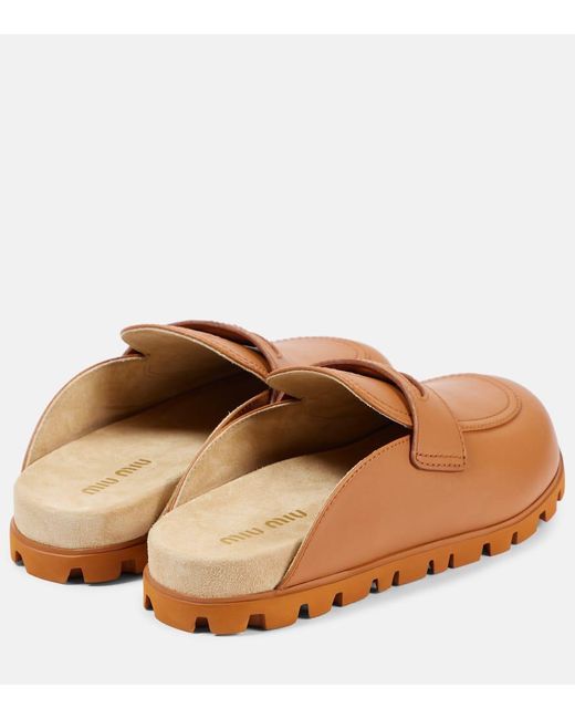 Miu Miu Brown Logo Leather Mules