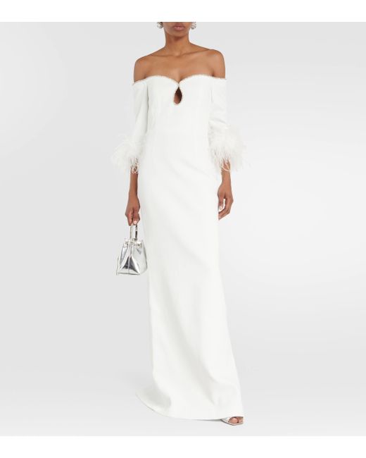 Rebecca Vallance White Bridal Plume Feather-trimmed Crepe Gown