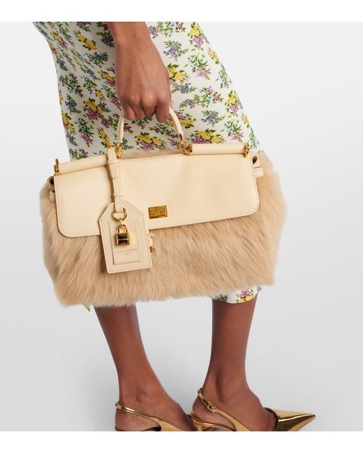 Dolce & Gabbana Natural Sicily Large Leather And Shearling Top-Handle Bag