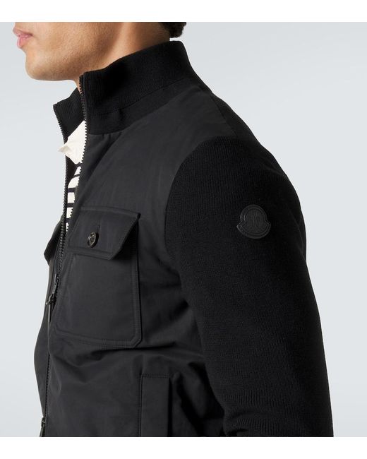 Moncler Black Virgin Wool And Suede Zip-Up Down Cardigan for men