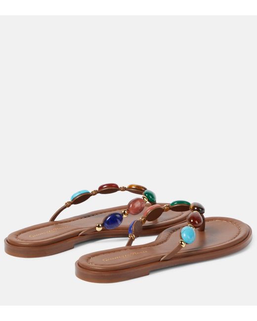 Gianvito Rossi Brown Shanti Embellished Leather Thong Sandals