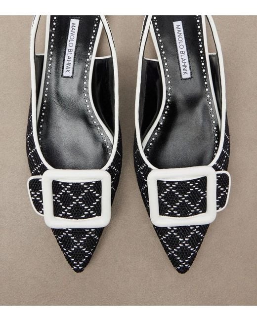Manolo Blahnik Black Maylura Raffia-Effect Slingback Flats