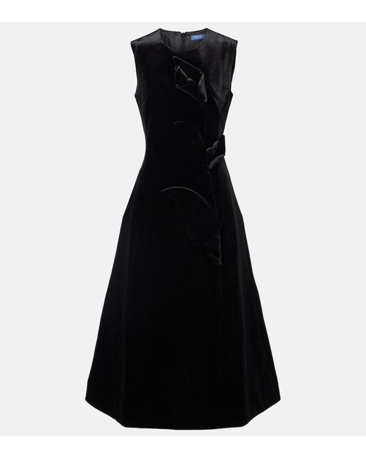 LEO LIN Black Cleo Floral-Applique Velvet Midi Dress