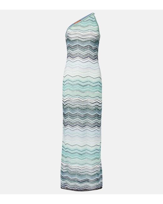 Missoni Blue Zigzag One-Shoulder Lame Maxi Dress