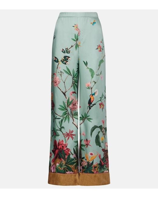 LaDoubleJ Green Printed Silk Twill Wide-Leg Pants