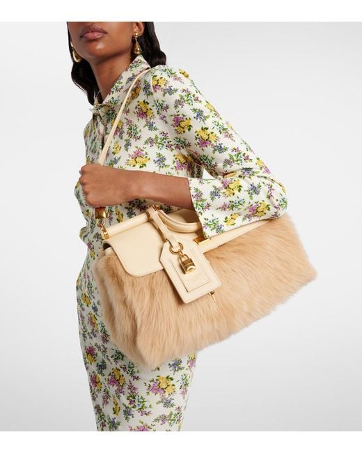 Dolce & Gabbana Natural Sicily Large Leather And Shearling Top-Handle Bag
