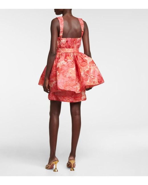 Zimmermann Red Floral-print Corseted Linen-silk Mini Dress