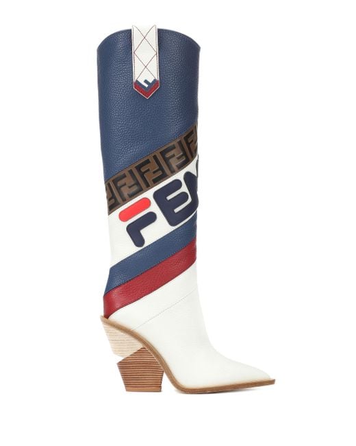 Fendi Mania Leather Knee high Boots in Blue Lyst