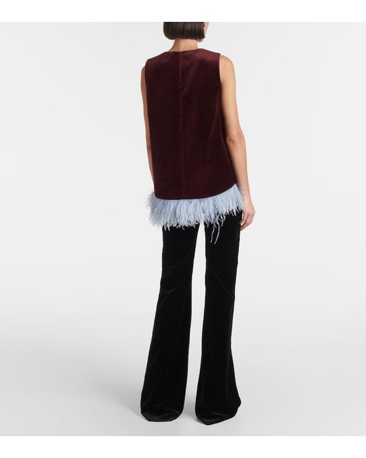 LaDoubleJ Red La Scala Feather-Trimmed Cotton Velvet Top