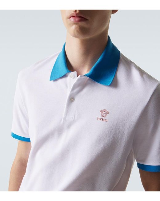 Versace Blue Printed Cotton Pique Polo Shirt for men