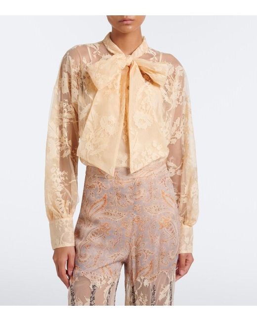 Zimmermann Natural Valiant Tie-Neck Lace Blouse