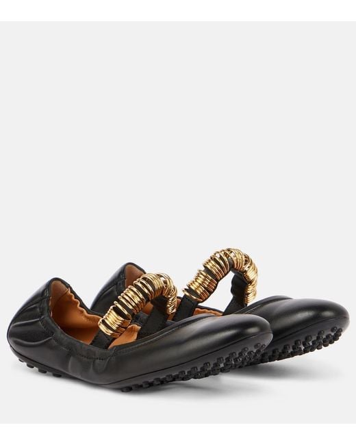 Tod's Black Embellished Leather Mary Jane Flats