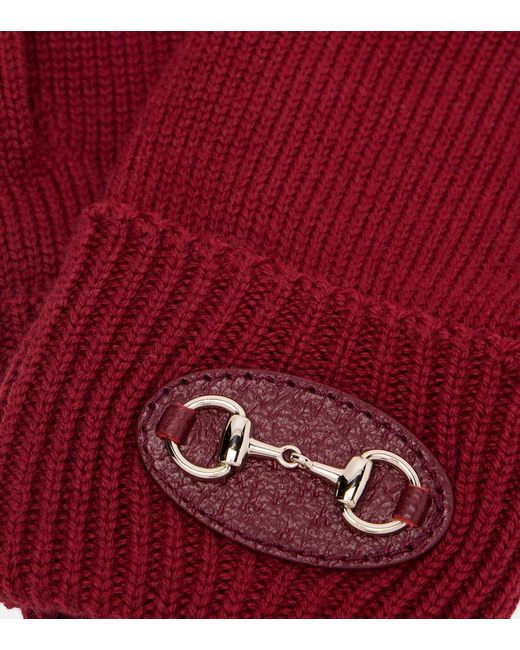 Gucci Red Horsebit Ribbed-Knit Wool Gloves