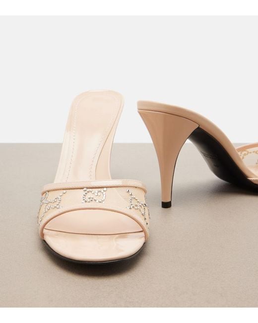 Gucci Natural Erin Gg Embellished Leather-Trimmed Mules