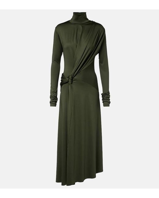 Victoria Beckham Green Gathered Turtleneck Midi Dress