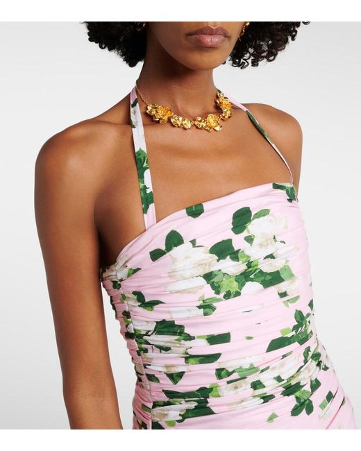Carolina Herrera White Floral Ruched Cotton-Blend Midi Dress