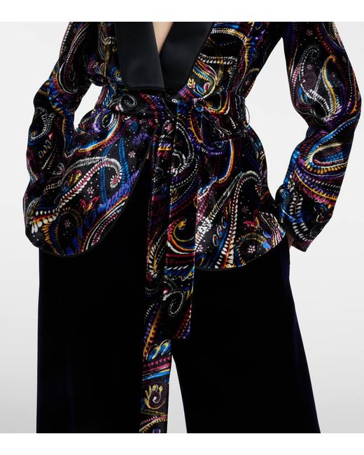 Etro Blue Belted Velvet Jacquard Blazer