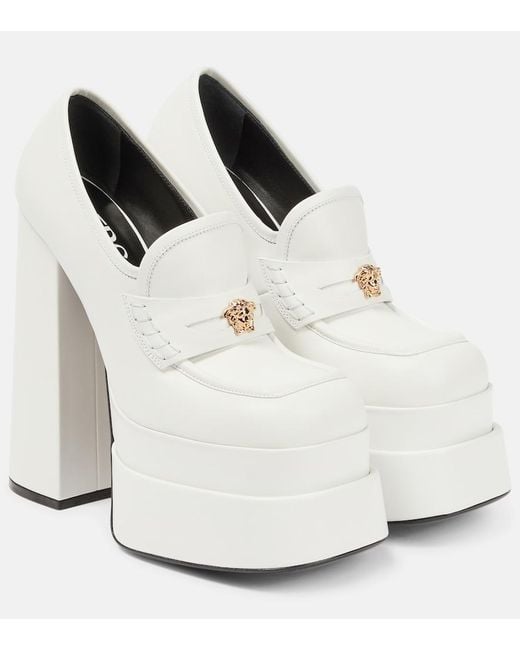 Versace White Aevitas Leather Platform Loafer Pumps