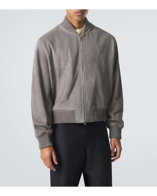 AMI Gray Ami De Cour Suede Bomber Jacket for men