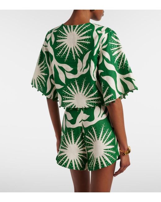 Cala De La Cruz Green Iris Beaded Printed Linen Crop Top