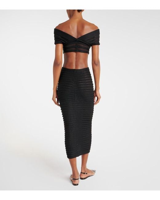 Alaïa Black Striped Textured-Knit Midi Skirt