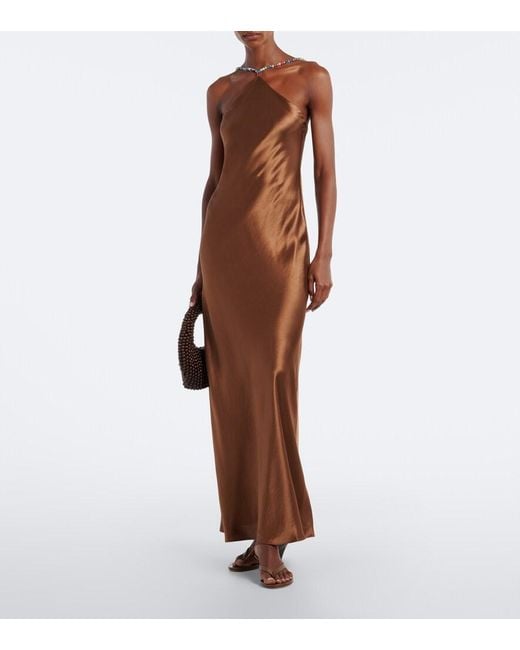Staud Brown Cedence Beaded Satin Slip Dress