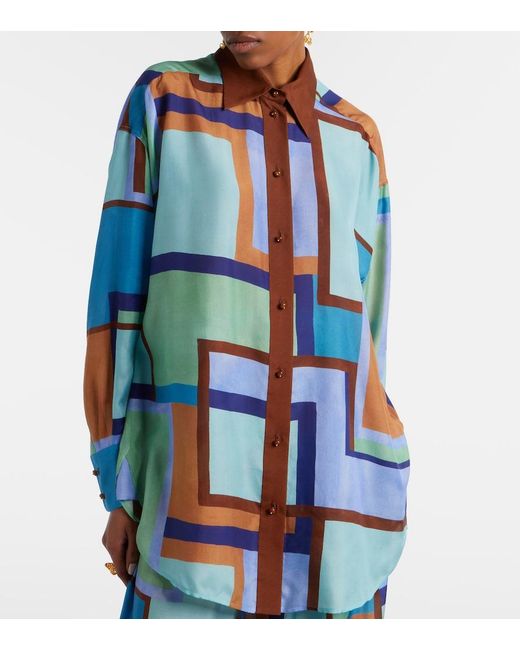 Zimmermann Blue Como Printed Silk Satin Shirt
