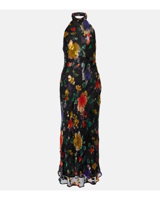 Rixo Black Floral Halterneck Midi Dress